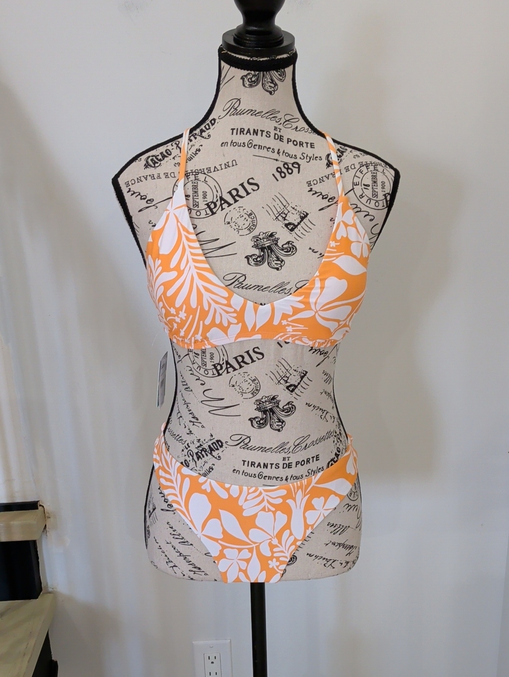 ROXY | Women's White/Orange Floral Low-Rise Cheeky Scoop Neck 2-Piece Bikini Set